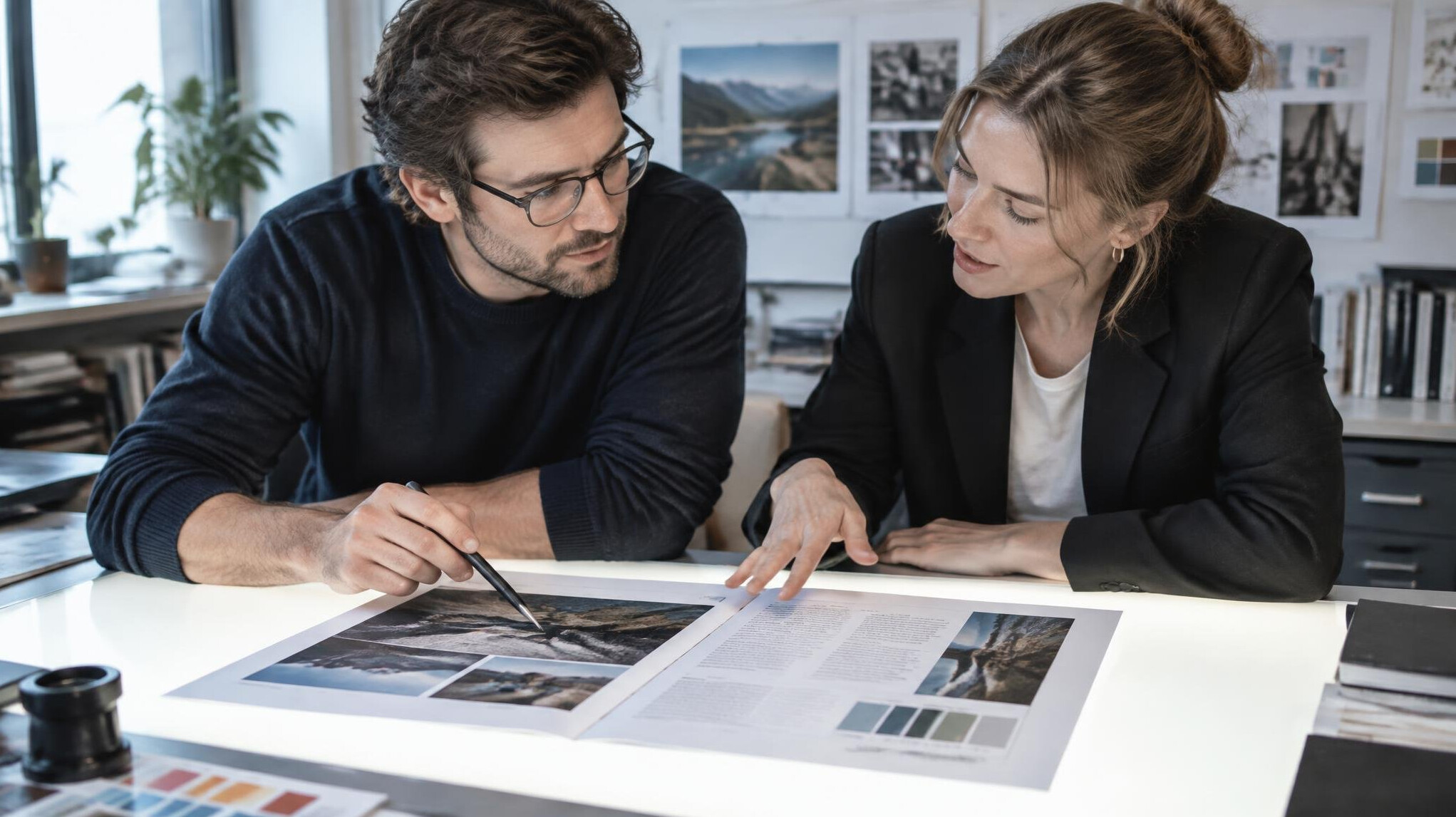 Two editors discussing a printed layout