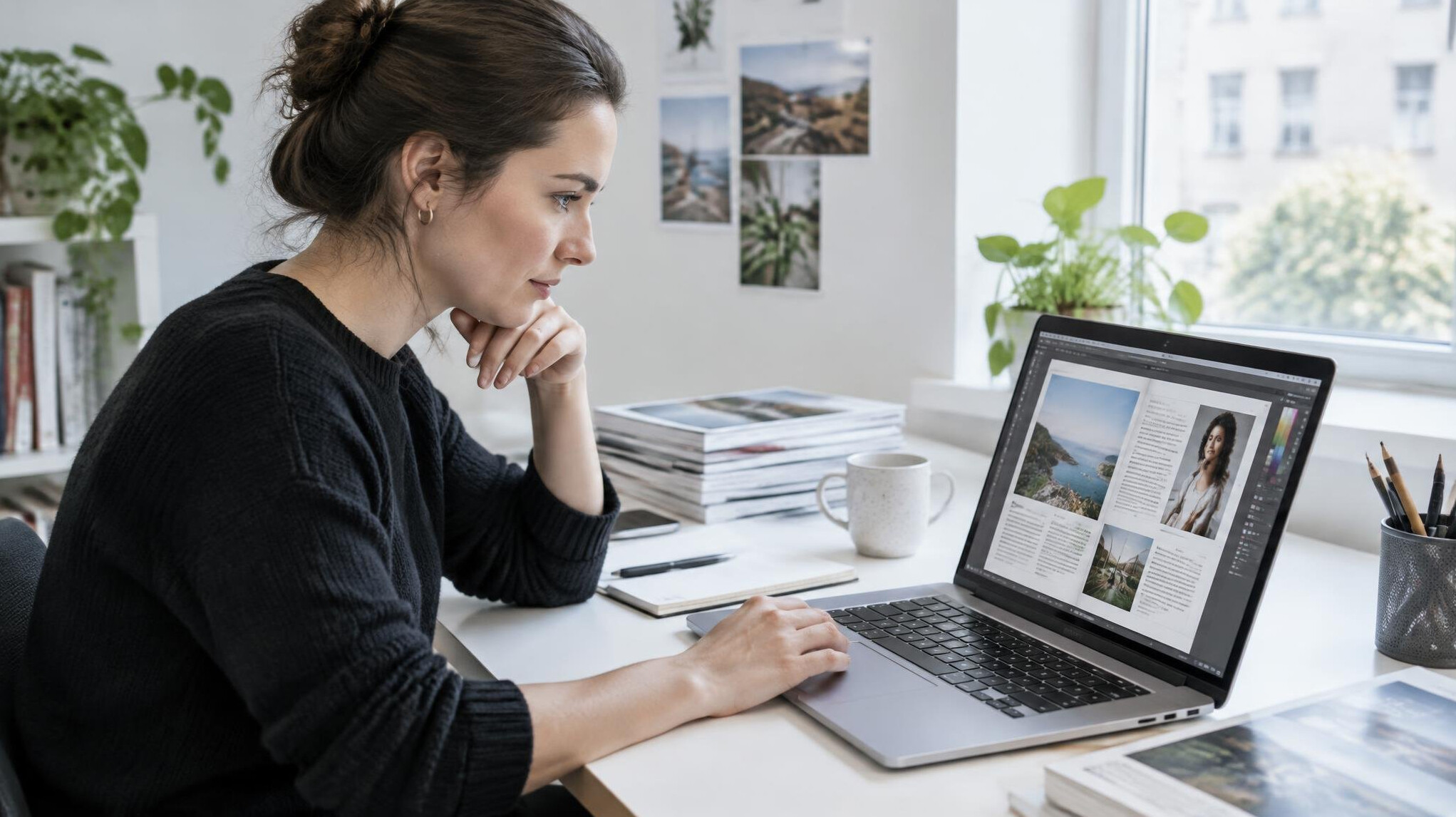 Editor reviewing a layout on a laptop